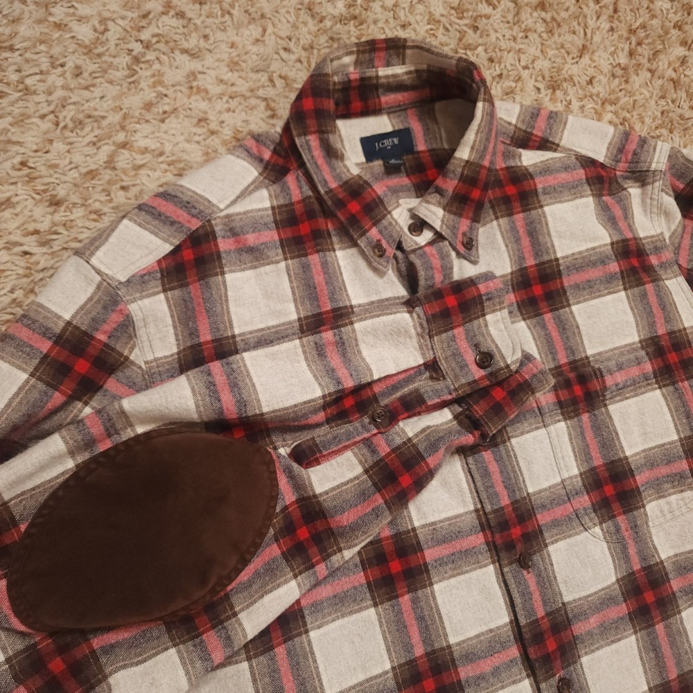 J.Crew Flannel Shirt Mens Medium Cream Red Plaid Elbow Patches Button Down